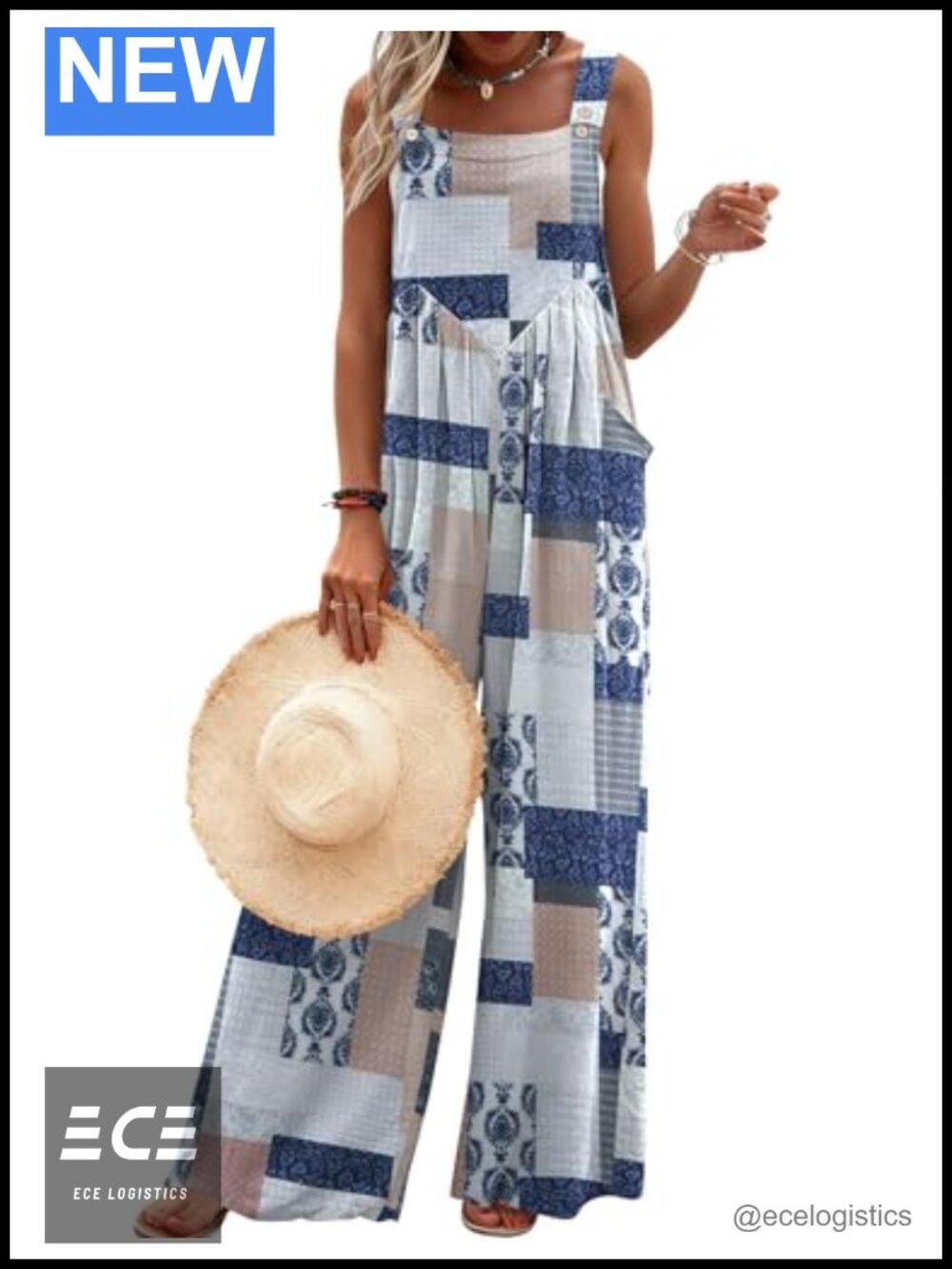 Ekouaer Women's Boho Jumpsuit Sleeveless Wide Leg Overalls with Pockets